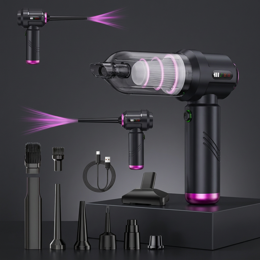 Aspirador de mano Nocturair en color negro con cable de carga y accesorios