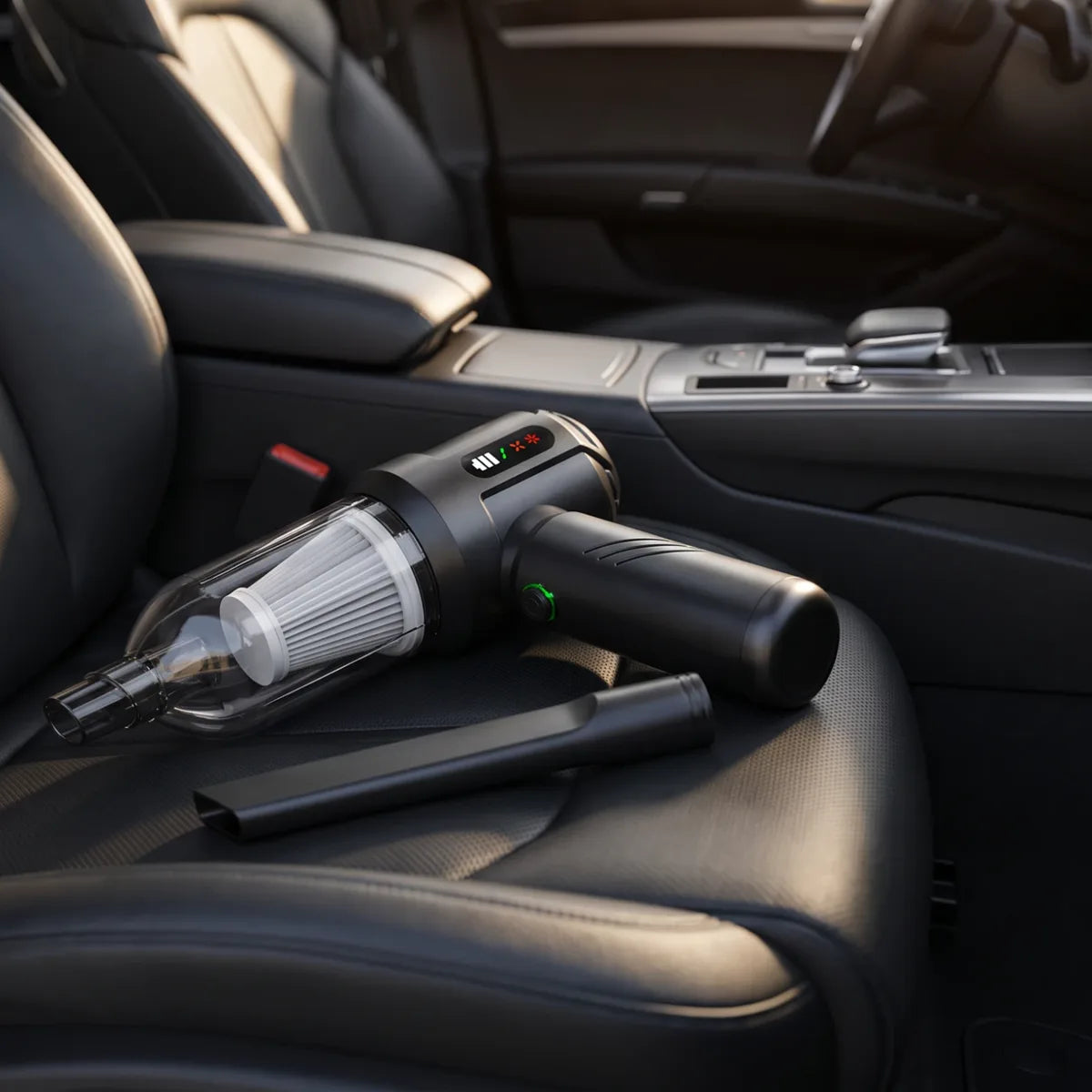 Aspirador Nocturair sobre el asiento de cuero de un coche con su boquilla para rendijas