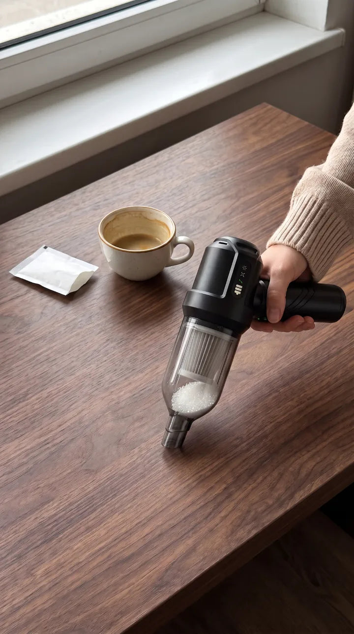 Aspirando azúcar derramado de una mesa de madera