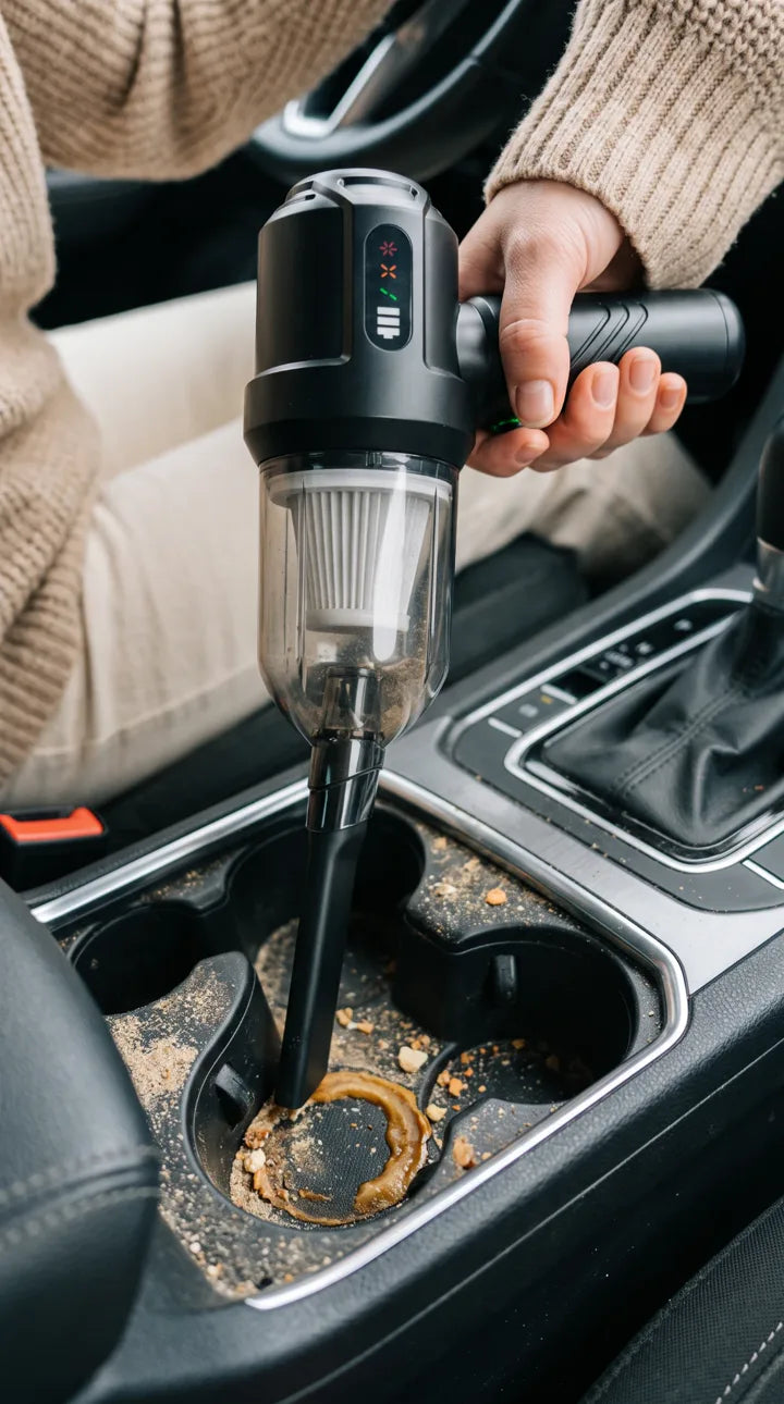 Aspirando migas del portavasos del coche con la boquilla para rendijas